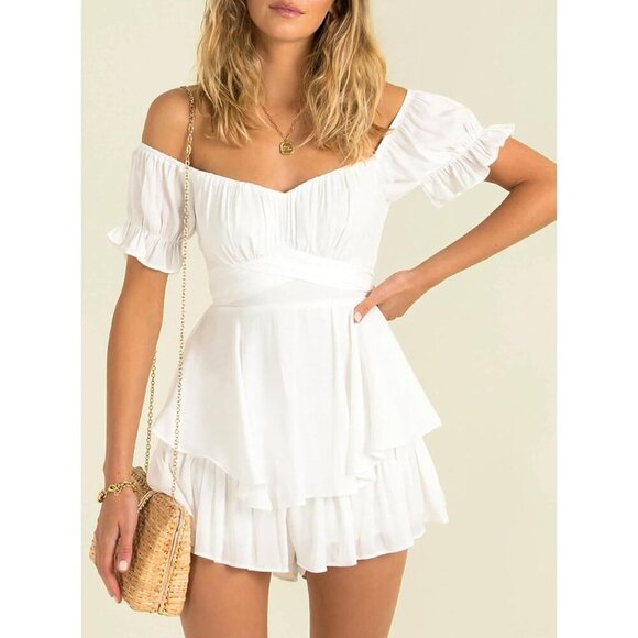 Women White Boho Romper Off Shoulder Ruffle Chiffon Shorts Jumpsuit Playsuits - Picture 3 of 7